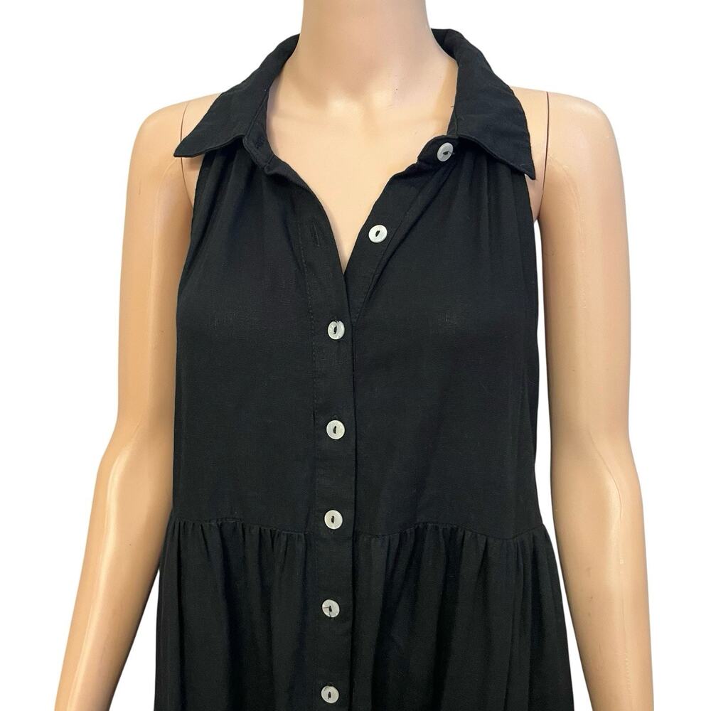 Nicole Miller Linen Blend Swing Dress Large Black Button Down Tiered Boho Casual - Picture 2 of 8